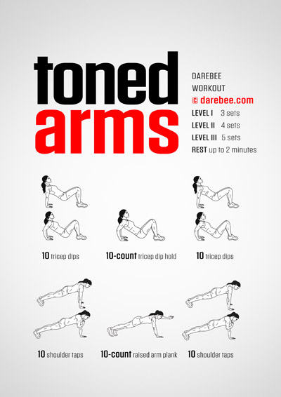 Toned Arms is a DAREBEE no-equipment home fitness workout that helps you develop upper body strength and stronger arms.