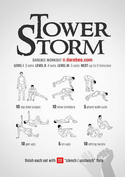 Tower Storm is a DAREBEE no-equipment home fitness total body workout you can use to get stronger and fitter without equipment, at home.