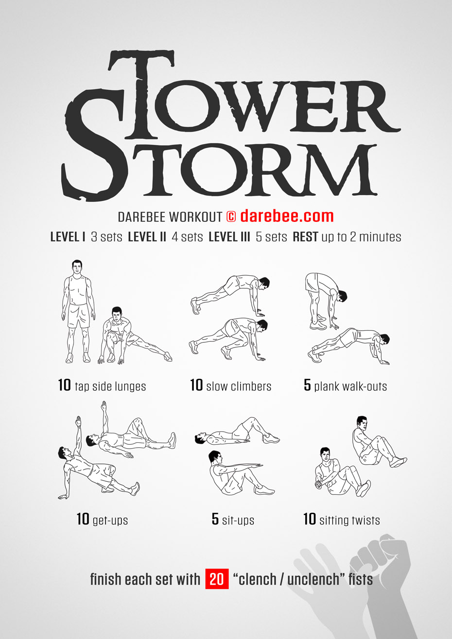 Tower Storm is a DAREBEE no-equipment home fitness total body workout you can use to get stronger and fitter without equipment, at home.