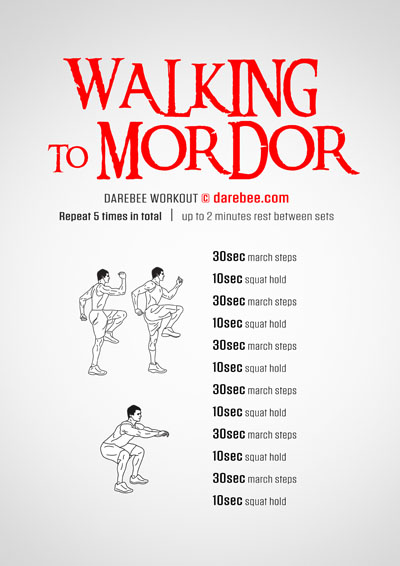 Walking To Mordor is a Darebee home-fitness aerobic and cardiovascular workout that helps you improve your baseline fitness.