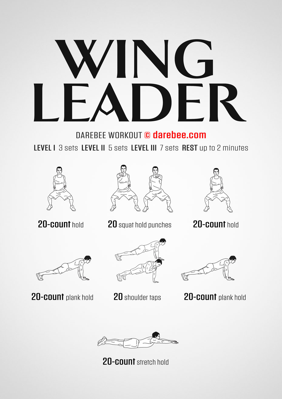 Wing Leader is a Darebee home-fitness, total-body strength workout you can do without equipment.